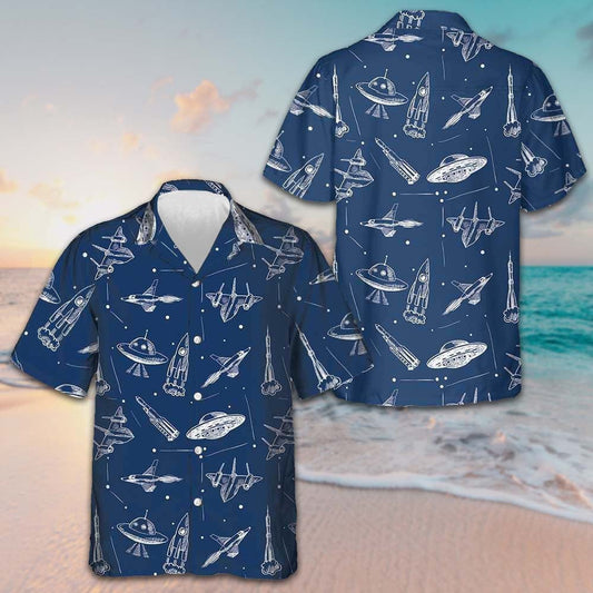Space Aircraft Seamless Pattern Hawaiian Shirt Navy Aircraft Aviation Shirt Gift For Men - Tazila