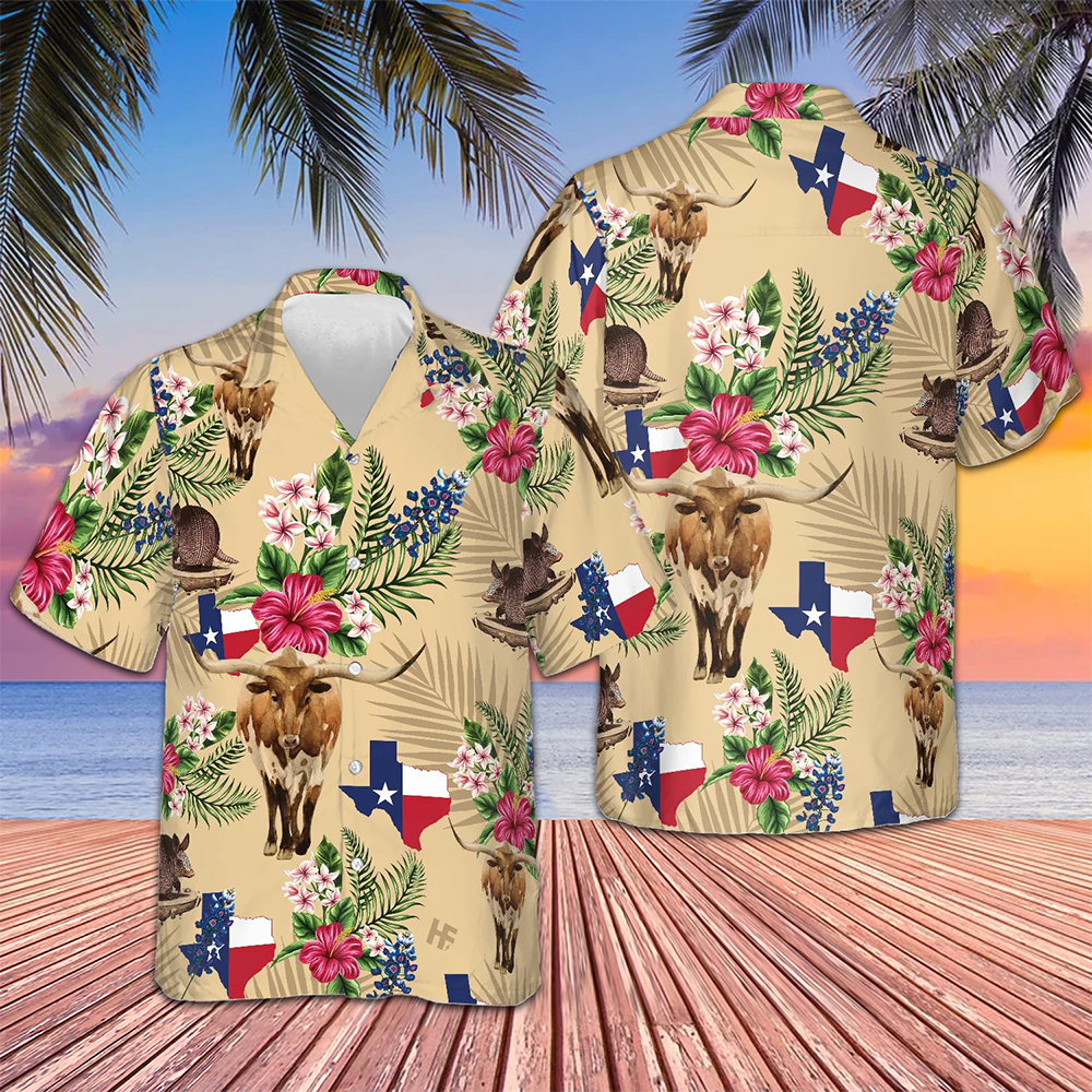 Brown Tribal Pattern Texas Hawaiian Shirt Armadillo And Longhorn Texas State Shirt For Texans - Tazila