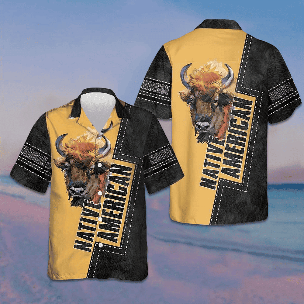 Native American Forest Bison Hawaiian Shirt Black And Yellow Button Up Shirt Men's - Tazila