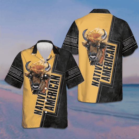 Native American Forest Bison Hawaiian Shirt Black And Yellow Button Up Shirt Men's - Tazila