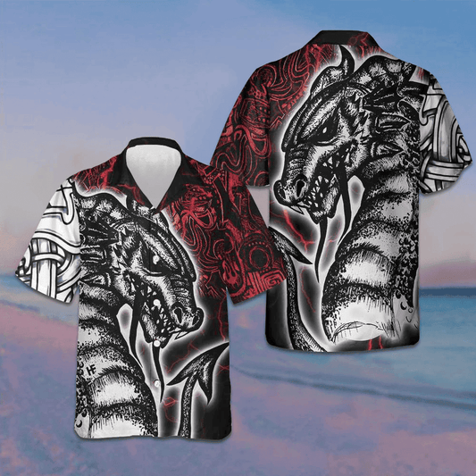 Red Tattoo Dragon Hawaiian Shirt Men's Button Down Shirts For Summer Gifts For Son - Tazila