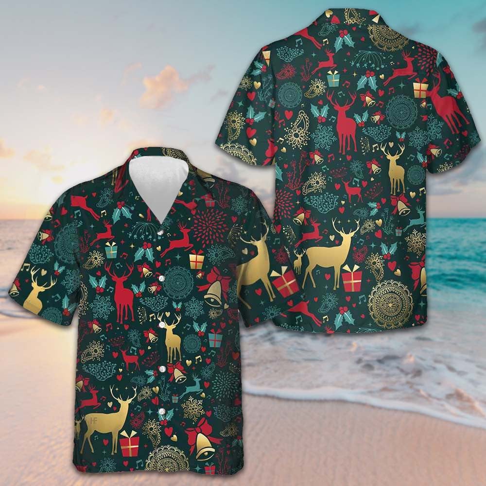 Christmas Golden Reindeer Pattern Hawaiian Shirt Adult Christmas Shirt Gifts For Your Boyfriend - Tazila