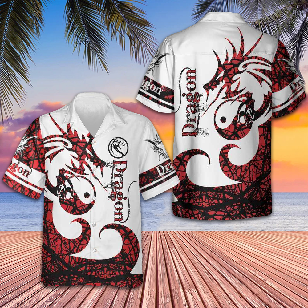 Dungeon Dragon Tattoo Hawaiian Shirt White And Red Chinese Dragon Shirt Gift For Him - Tazila