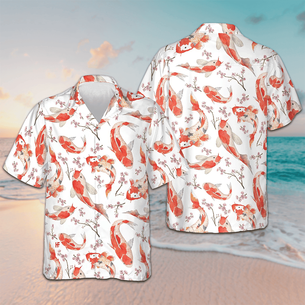 Koi Fish And Cherry Blossom Hawaiian Shirt Men's Beach Button Up Gifts For Koi Lovers - Tazila
