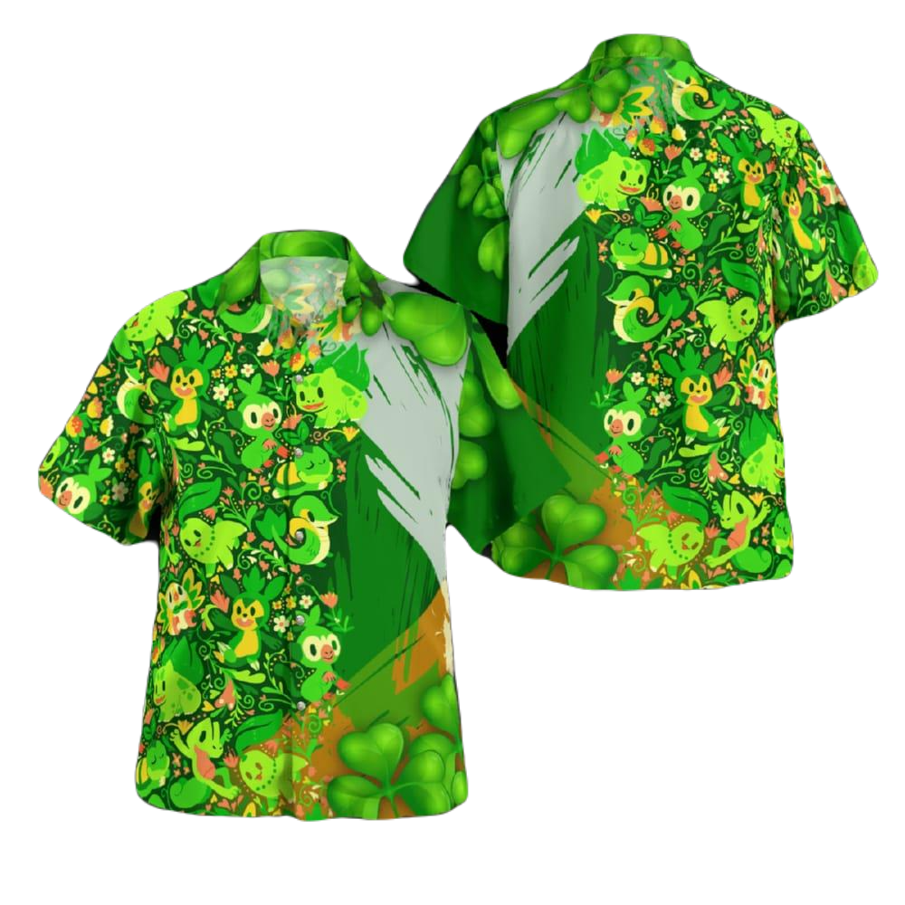 NoClaws Pokemon Hawaii Shirt Grass Pokemon St.Patrick’s Day Aloha Shirt Green Unisex