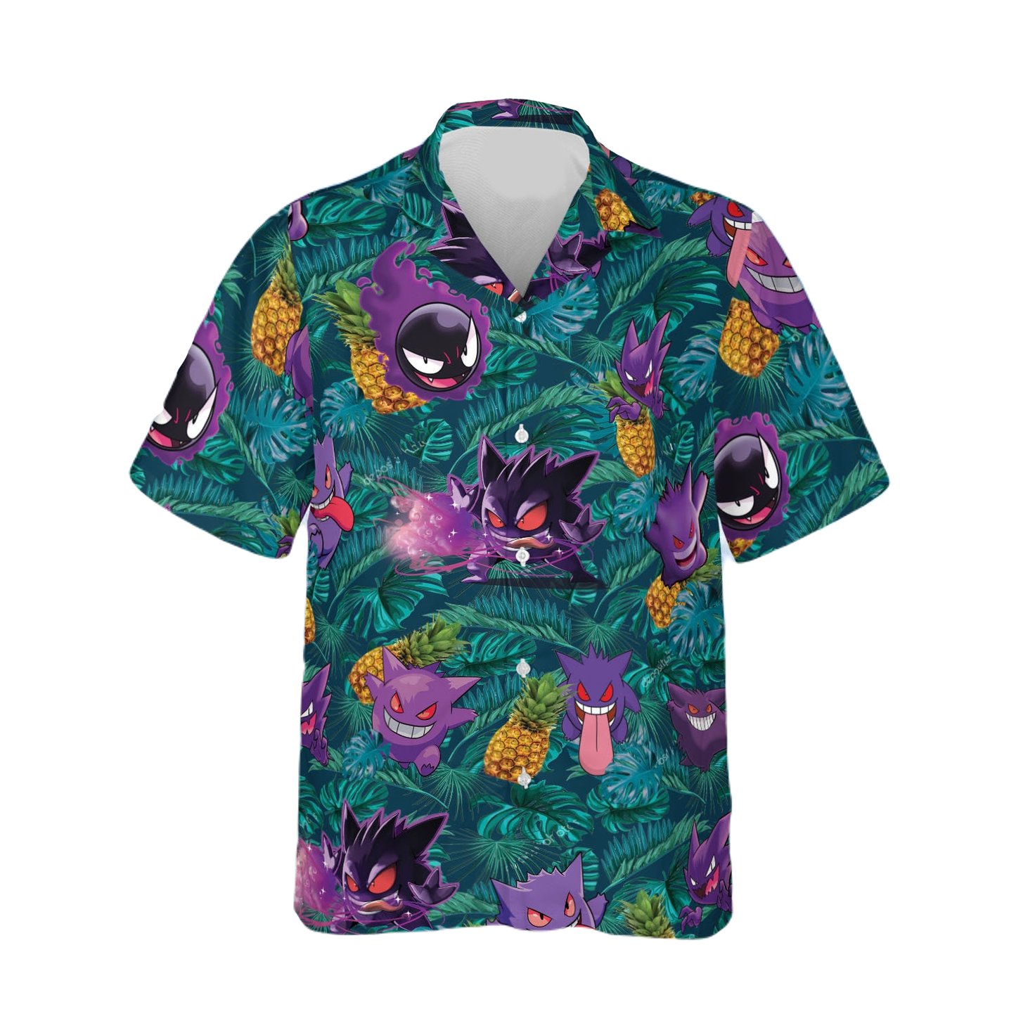 NoClaws Pokemon Hawaii Shirt Gengar Ghost Pokemon Pineapples Pattern Aloha Shirt Green Unisex