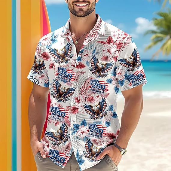 America 250th Anniversary Men's Shirt - Sestercentennial 1776-2026 Patriotic Floral Aloha Top