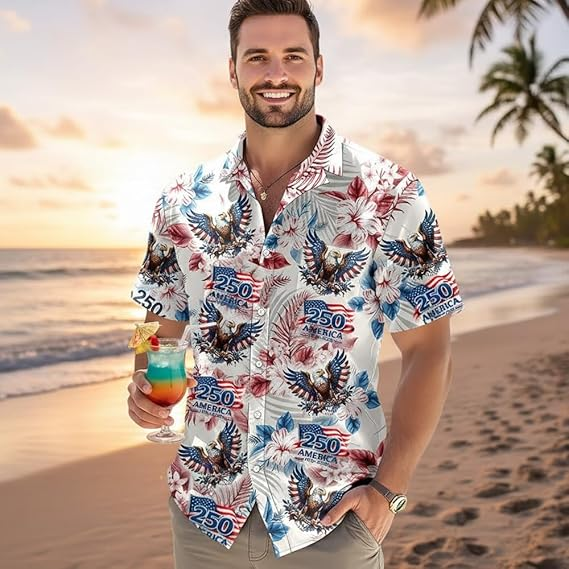 America 250th Anniversary Men's Shirt - Sestercentennial 1776-2026 Patriotic Floral Aloha Top