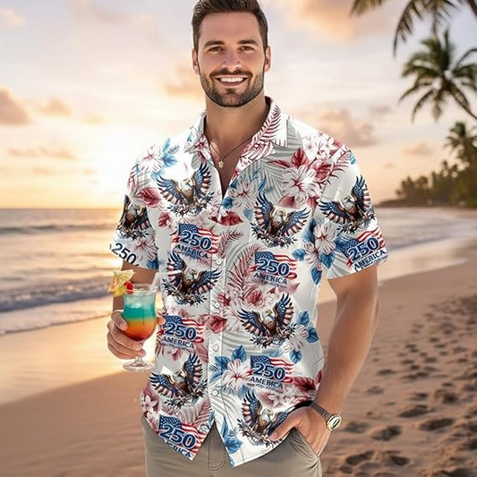 America 250th Anniversary Men's Shirt - Sestercentennial 1776-2026 Patriotic Floral Aloha Top