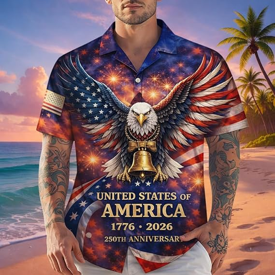 United States of America 250 Years Commemorative Shirt - Men's Patriotic Fireworks Aloha Shirt