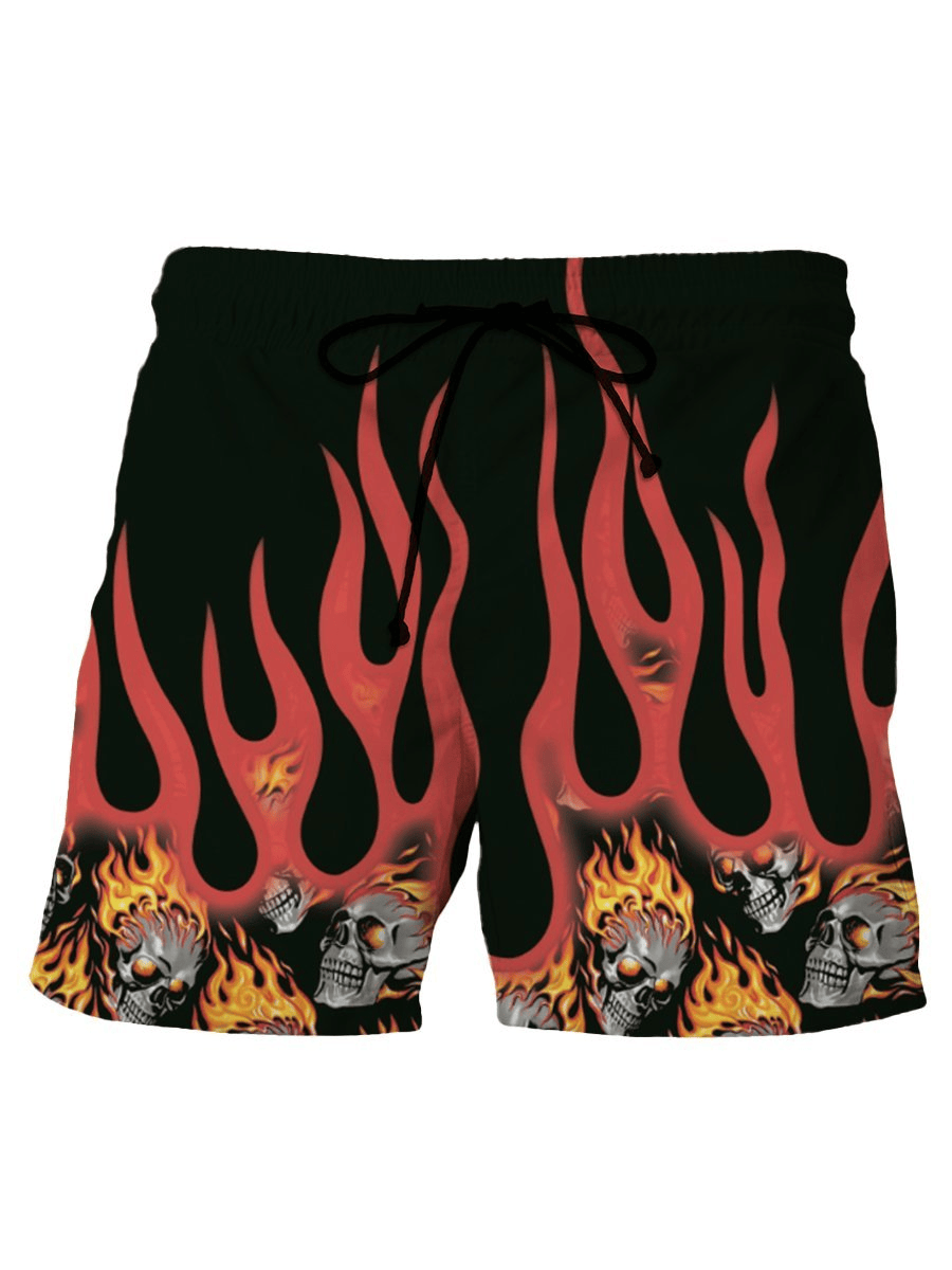 Skull Shorts Cool Skulls on Fire Flame Beach Shorts Black Red