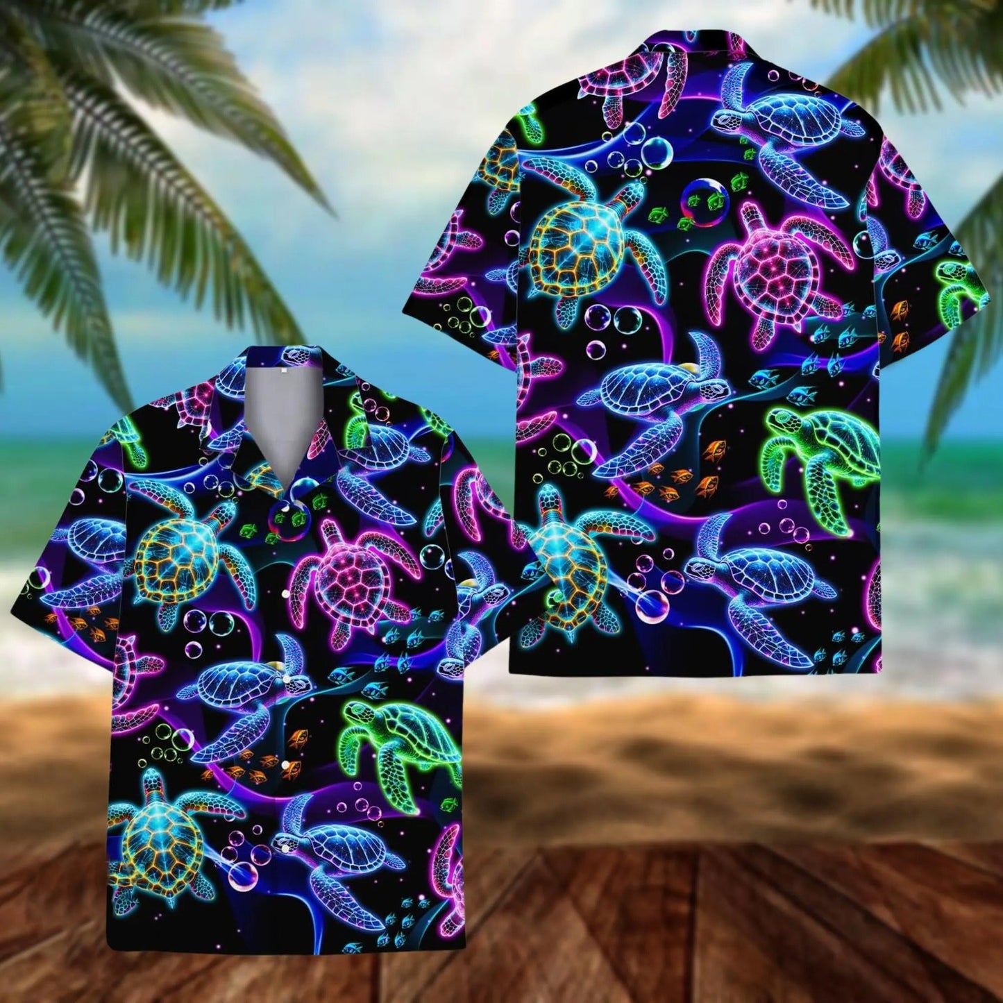 Sea Turtle Hawaii Shirt, Neon Sea Turtle Hawaiian Shirt for Men, Colorful Ocean Turtle Aloha Beach Shirt