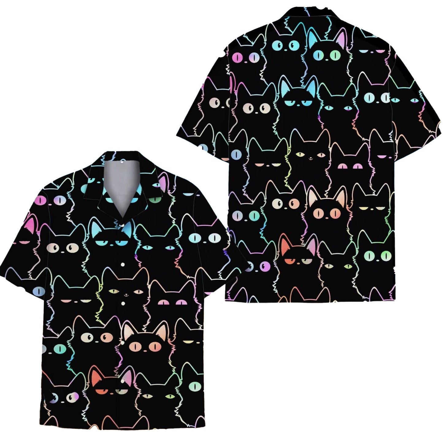 Black Cat Hawaii Shirt, Cute Neon Cat Hawaiian Shirt for Cat Lovers, Funny Colorful Kitty Aloha Shirt