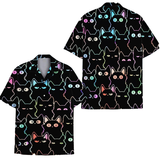 Black Cat Hawaii Shirt, Cute Neon Cat Hawaiian Shirt for Cat Lovers, Funny Colorful Kitty Aloha Shirt