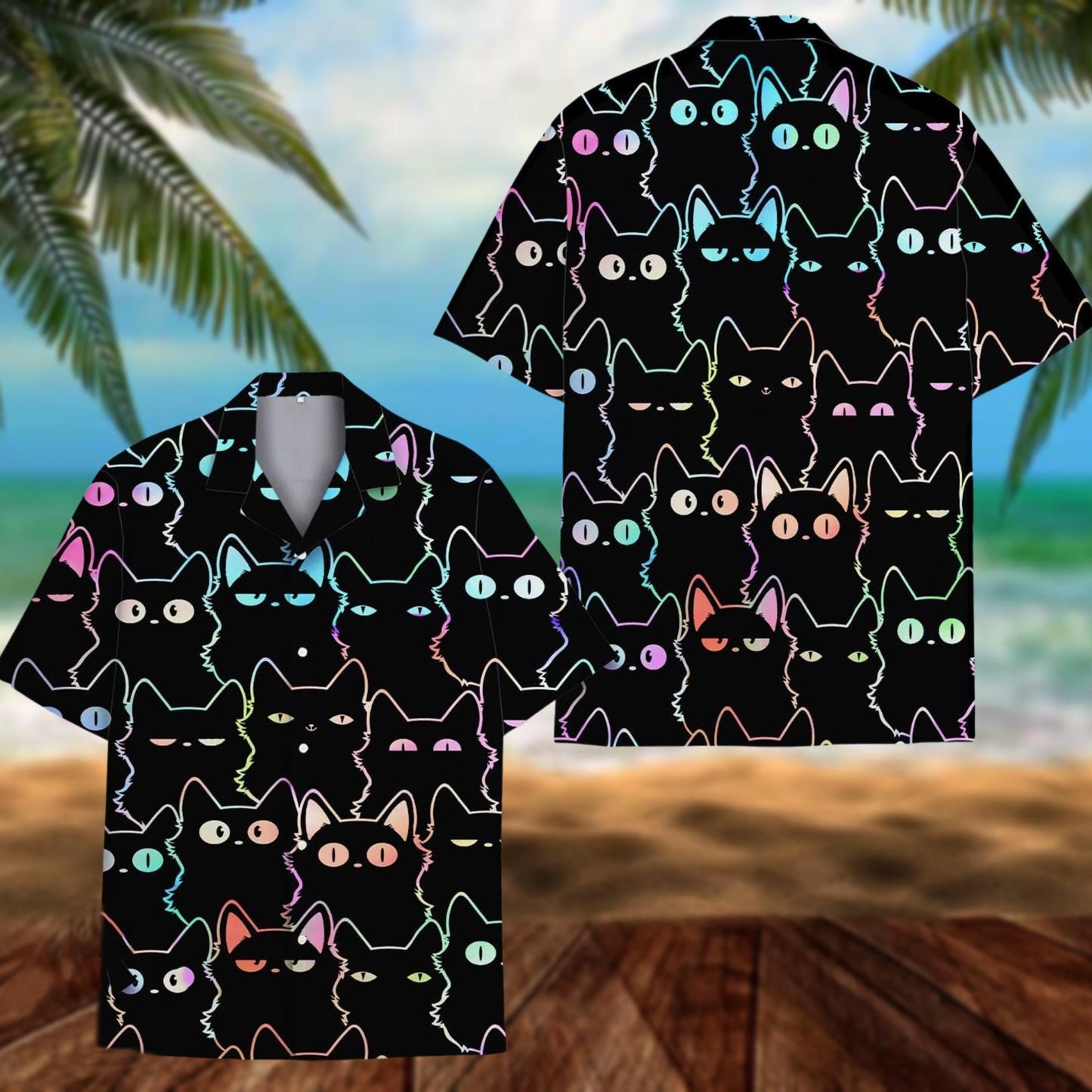 Black Cat Hawaii Shirt, Cute Neon Cat Hawaiian Shirt for Cat Lovers, Funny Colorful Kitty Aloha Shirt