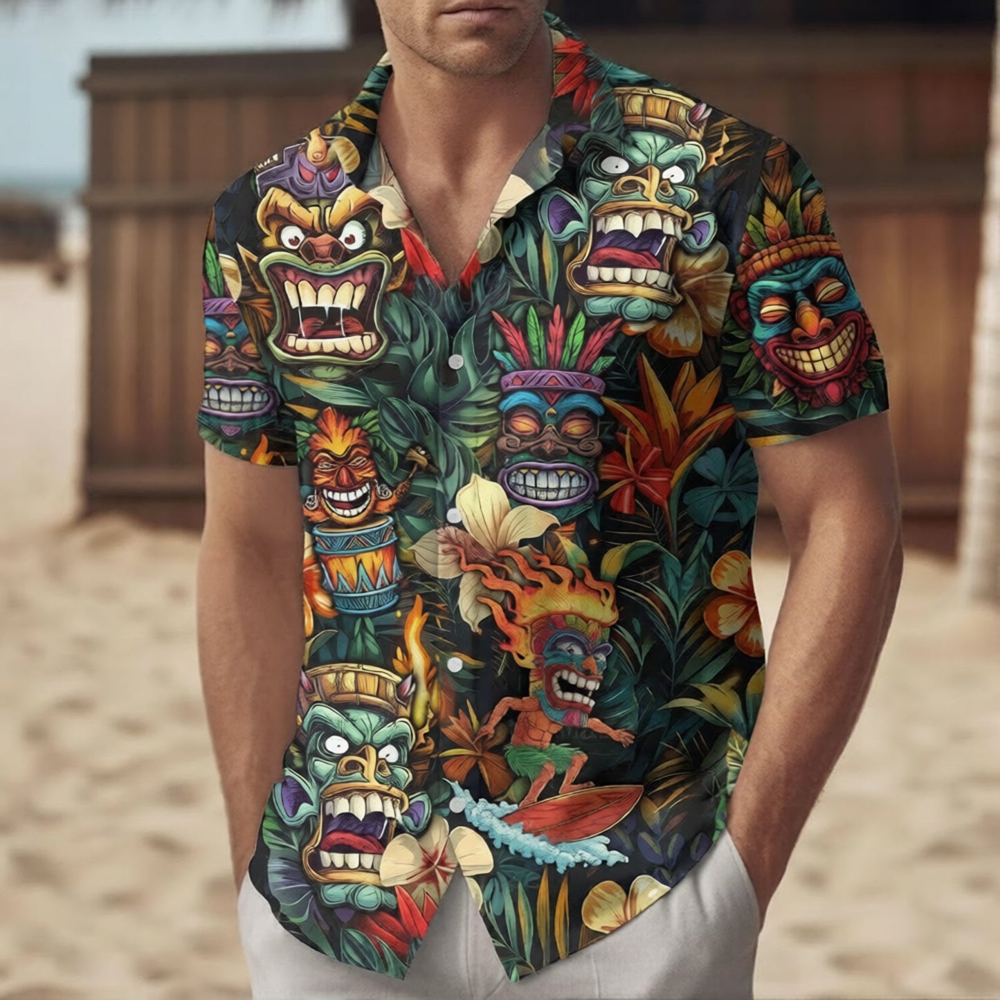 Tiki Hawaiian Shirt, Tribal Mask Surf Aloha Shirt, Tropical Vintage Island Shirt
