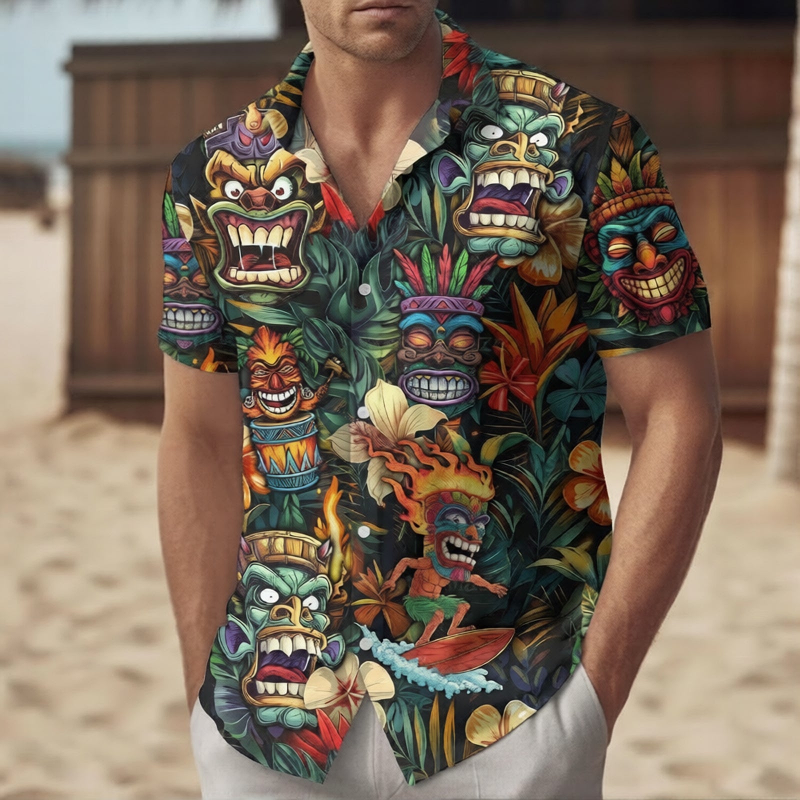 Tiki Hawaiian Shirt, Tribal Mask Surf Aloha Shirt, Tropical Vintage Island Shirt