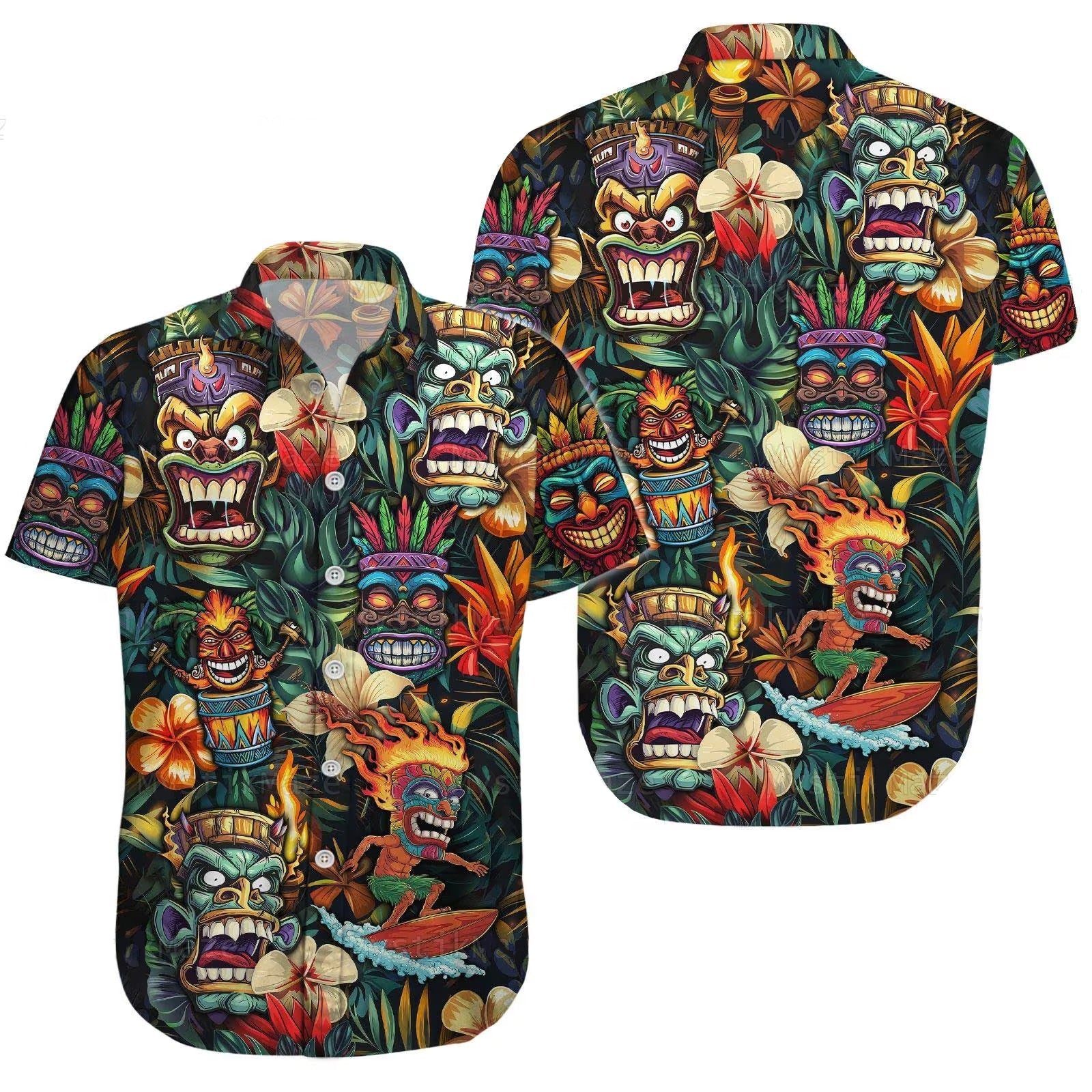 Tiki Hawaiian Shirt, Tribal Mask Surf Aloha Shirt, Tropical Vintage Island Shirt