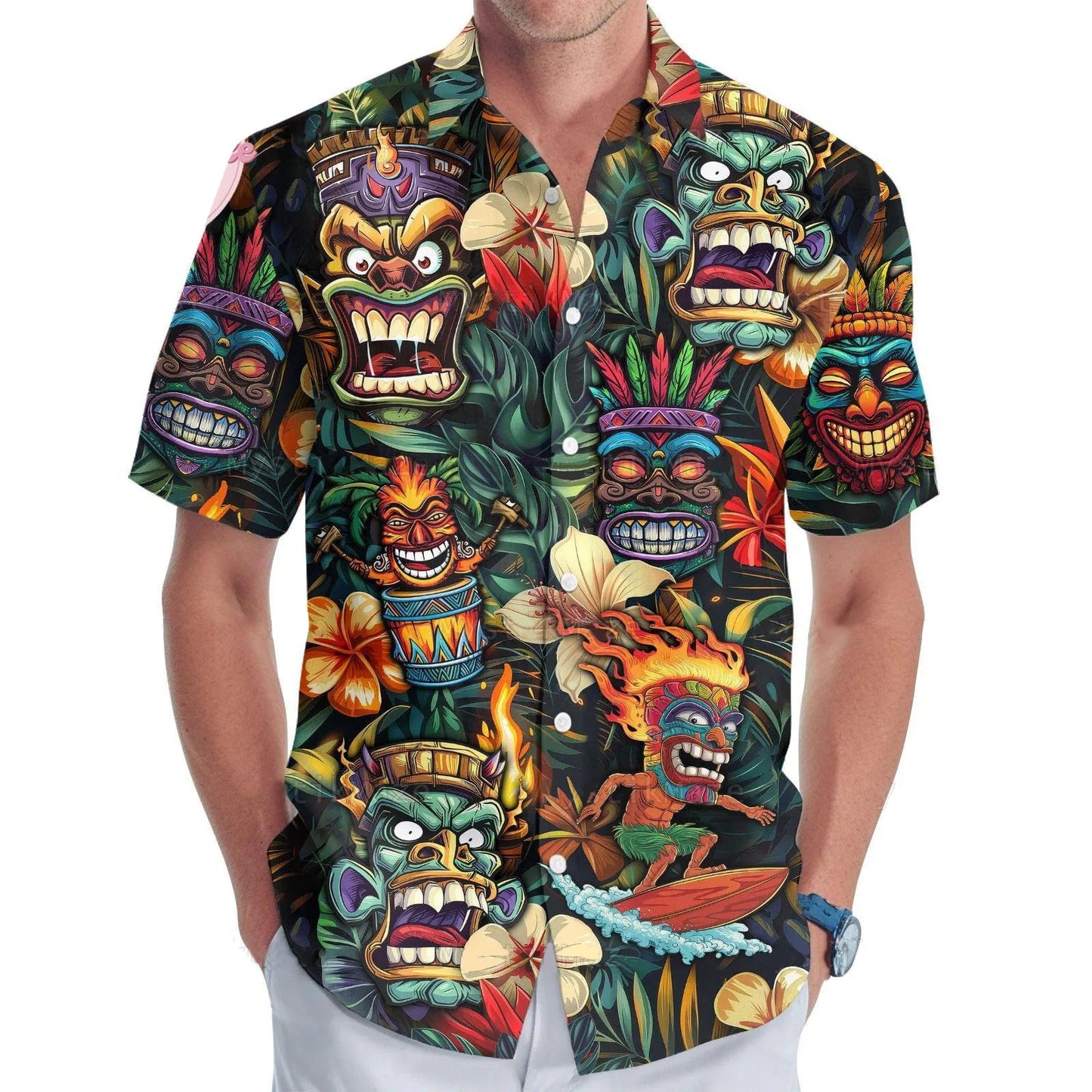 Tiki Hawaiian Shirt, Tribal Mask Surf Aloha Shirt, Tropical Vintage Island Shirt