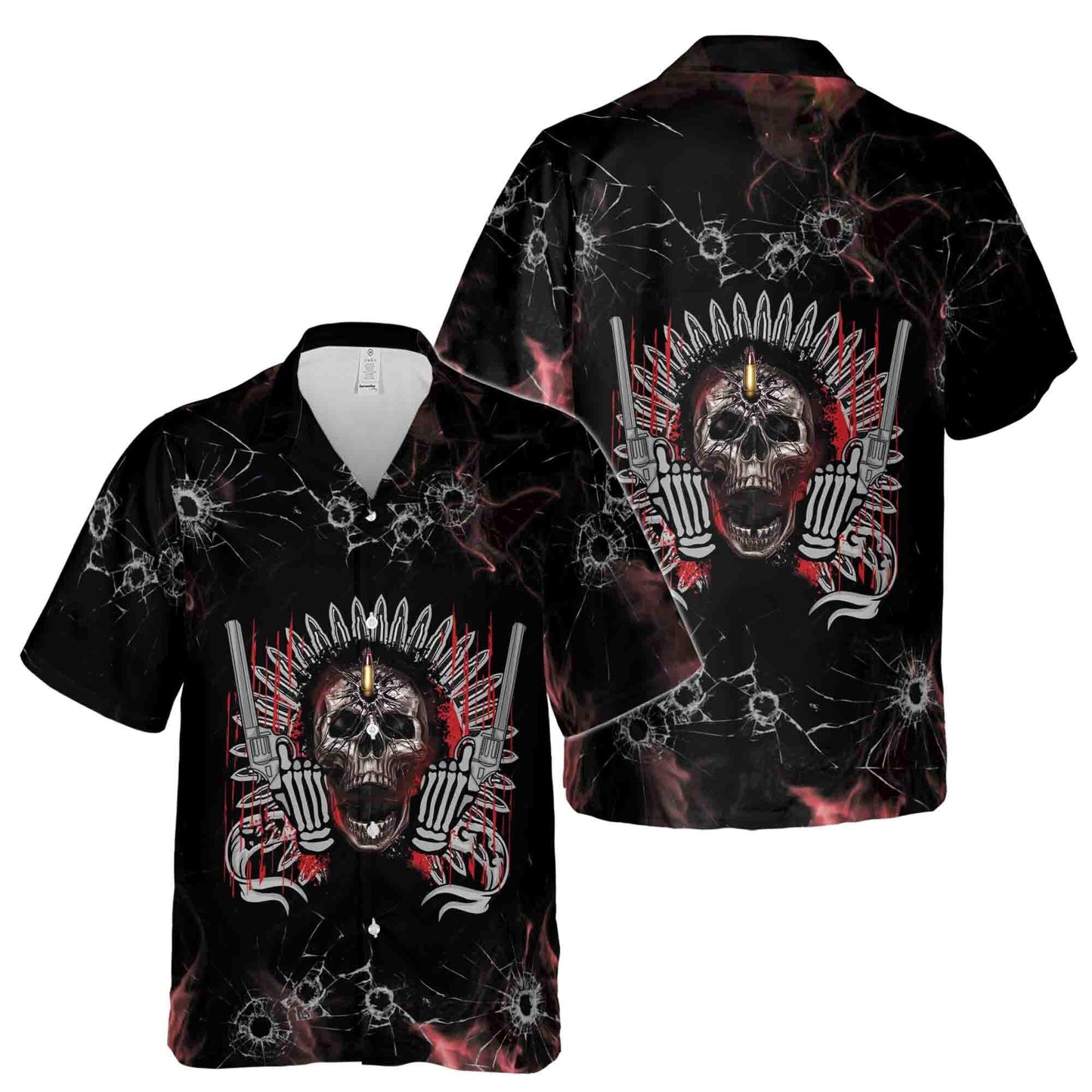 Skull Gun Hawaiian Shirt, Bullet Hole Gothic Aloha Shirt, Biker Rock Style Shirt