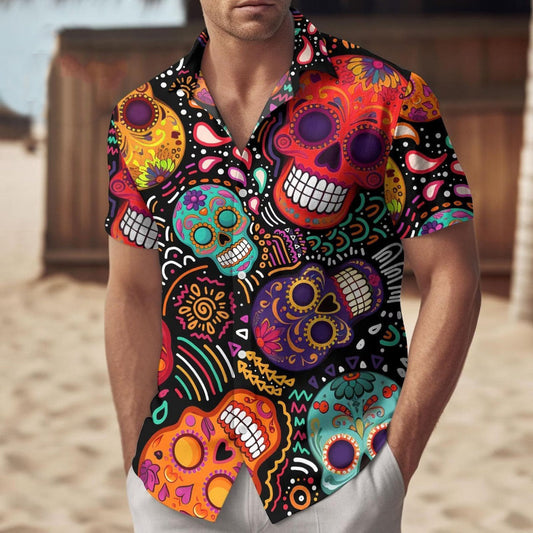 Sugar Skull Hawaiian Shirt, Day of the Dead Aloha Shirt, Colorful Mexican Skull Shirt