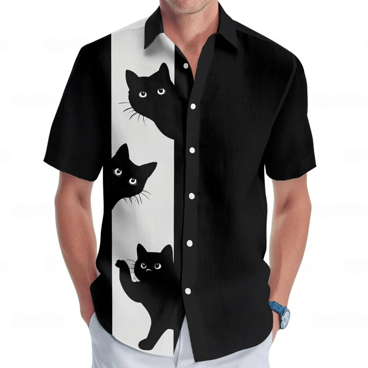 Black Cat Hawaiian Shirt, Cute Funny Cat Aloha Summer Shirt
