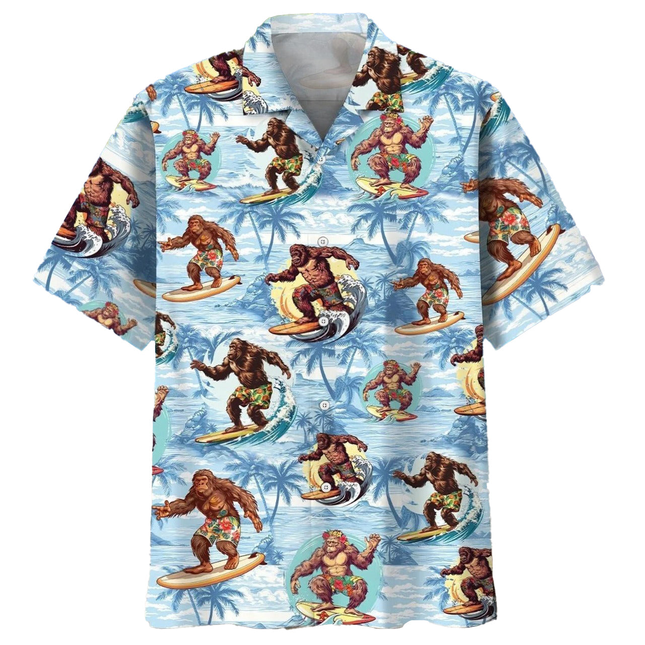 Bigfoot Surfing Hawaii Shirt, Funny Sasquatch Surfer Hawaiian Shirt, Tropical Beach Aloha Shirt for Men