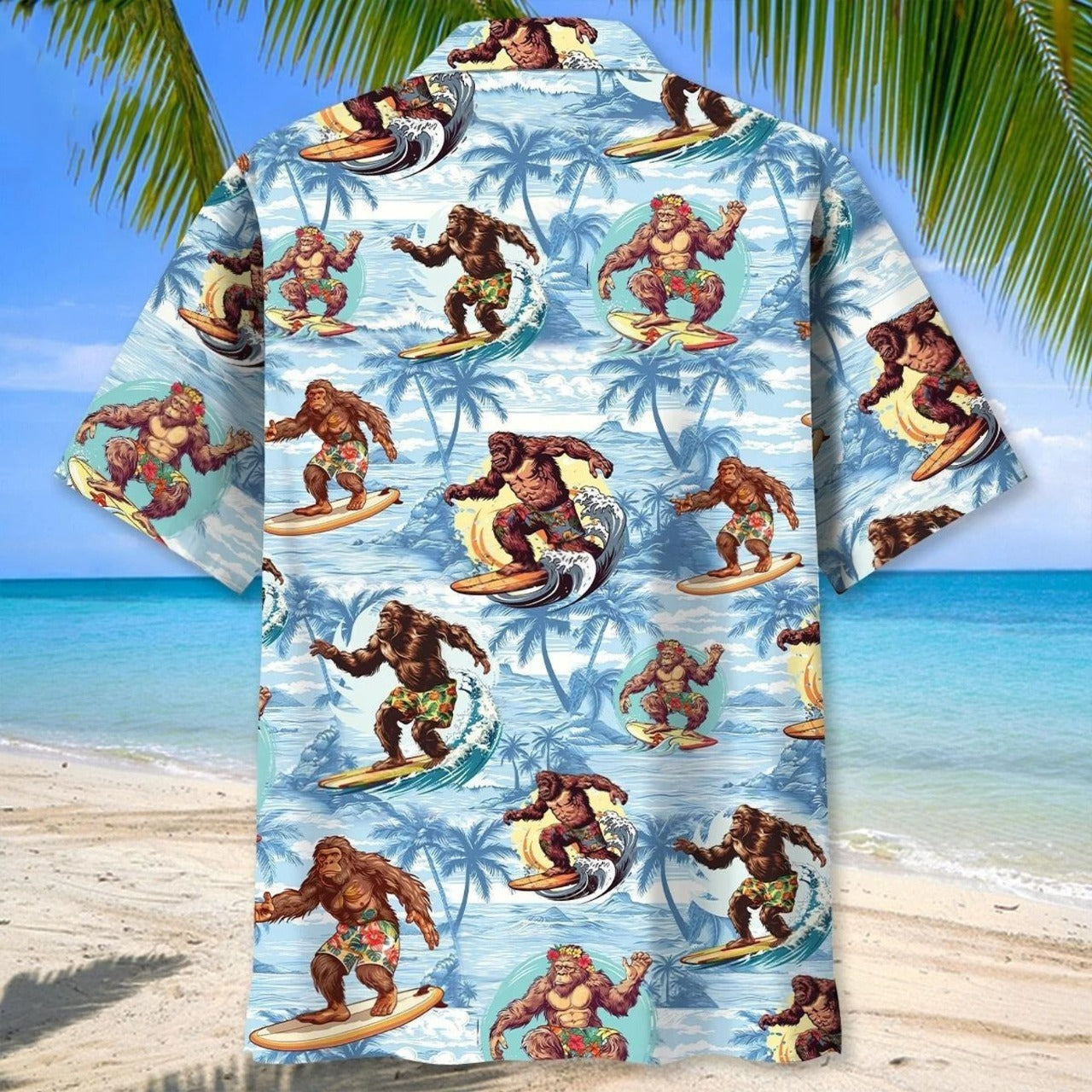 Bigfoot Surfing Hawaii Shirt, Funny Sasquatch Surfer Hawaiian Shirt, Tropical Beach Aloha Shirt for Men