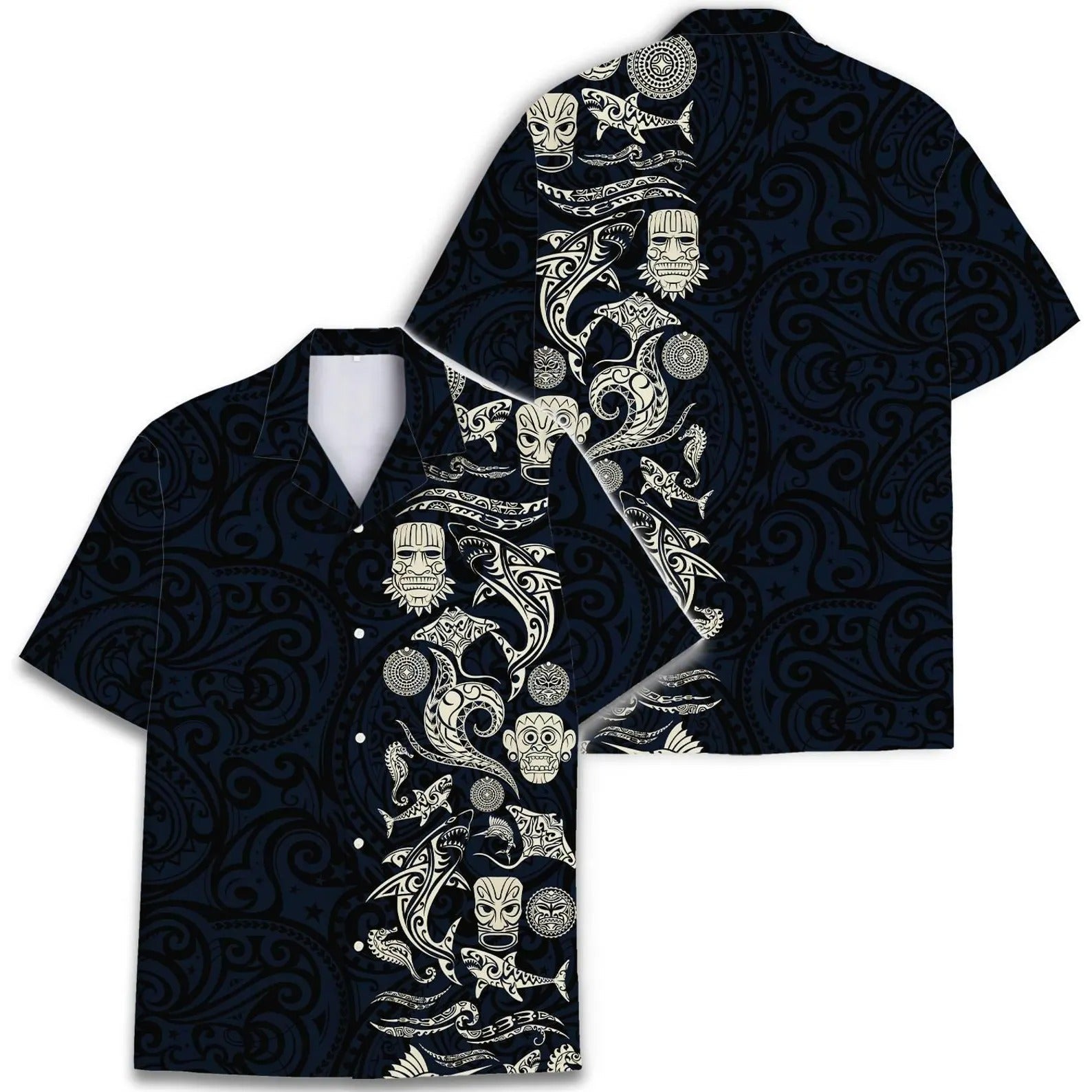 Polynesian Tribal Hawaii Shirt, Tiki Shark Aloha Shirt
