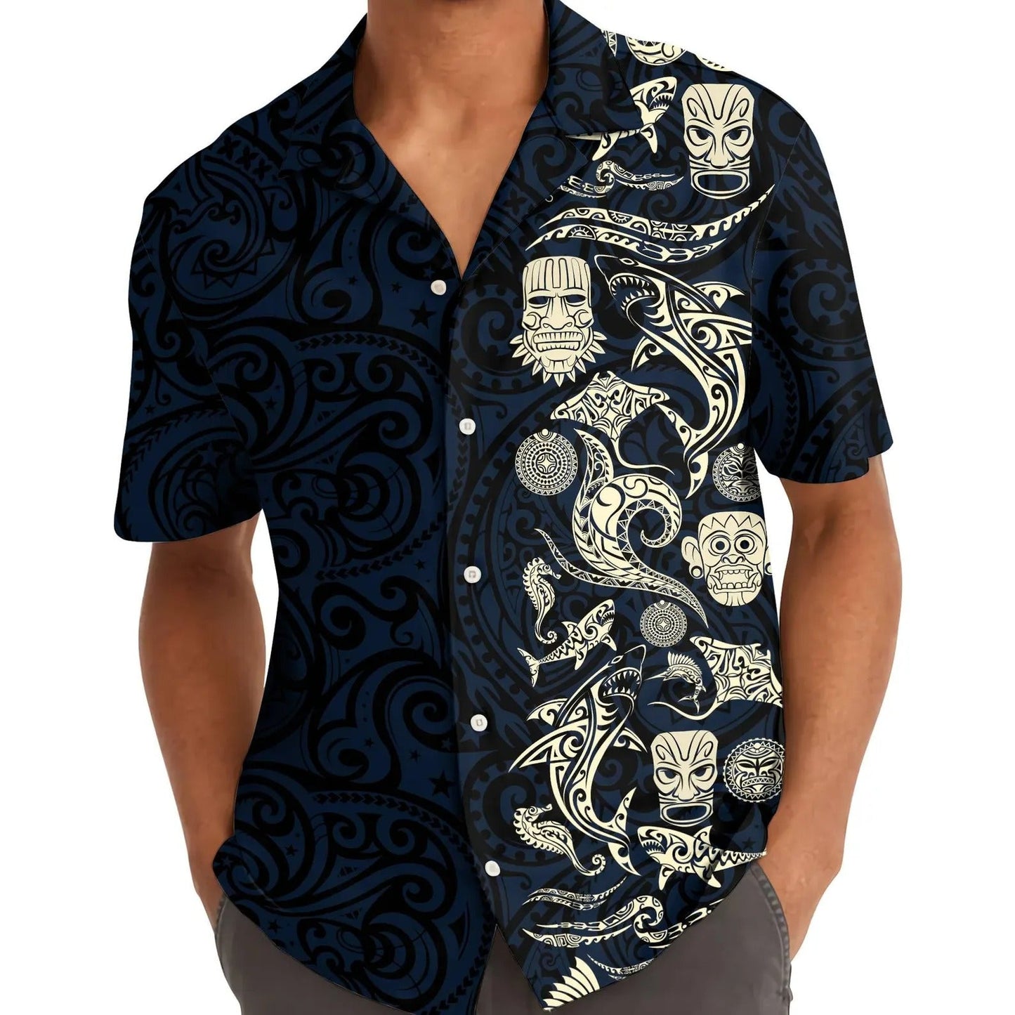Polynesian Tribal Hawaii Shirt, Tiki Shark Aloha Shirt