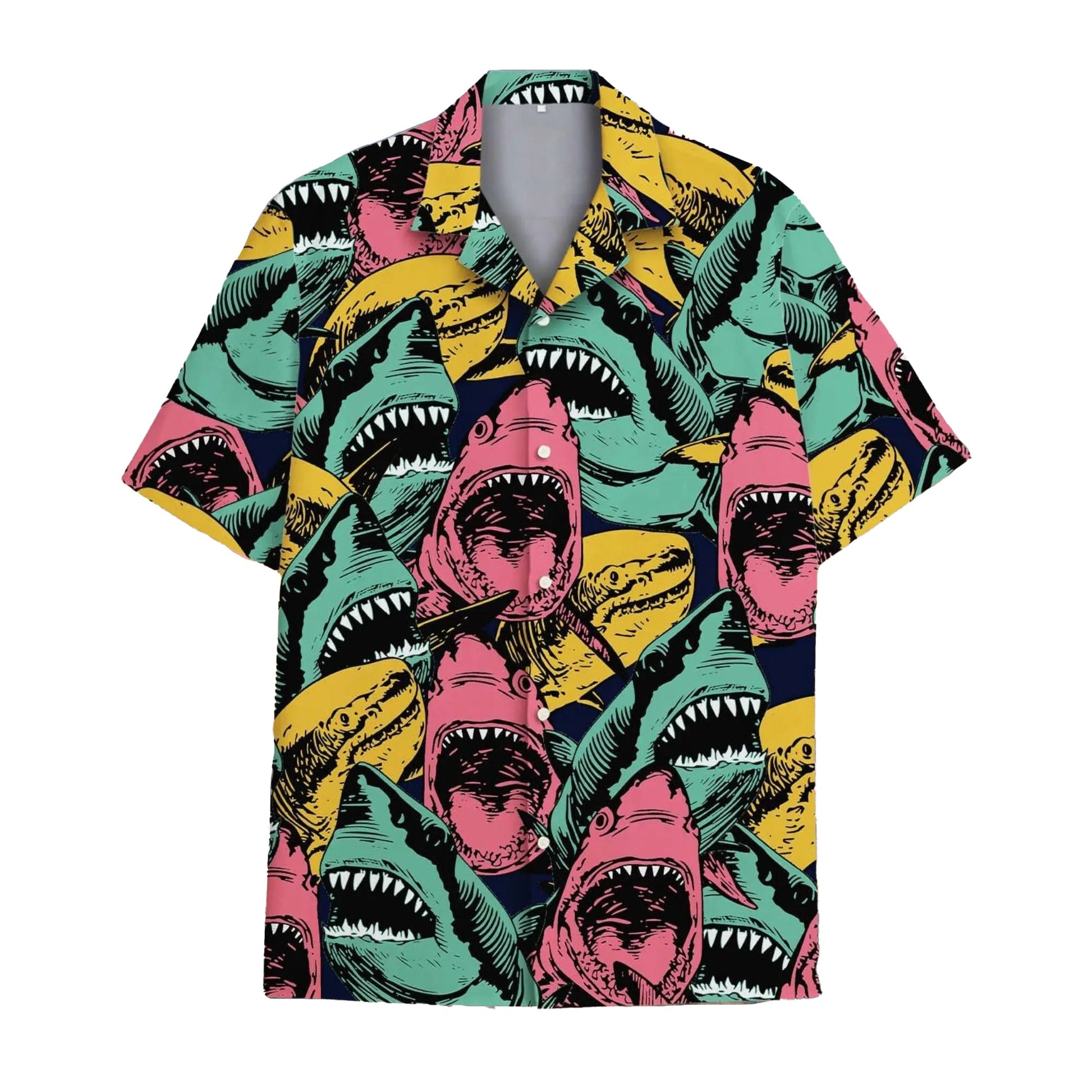 Funny Shark Hawaii Shirt, Colorful Retro Shark Hawaiian Shirt for Men, Bold Ocean Predator Aloha Beach Shirt