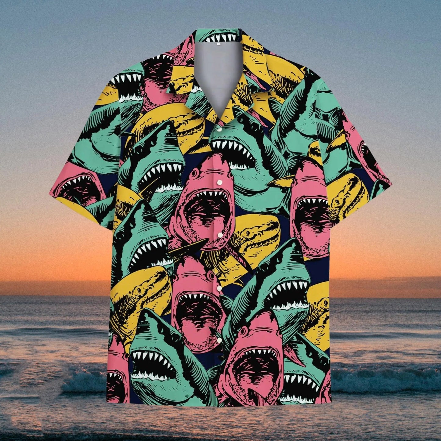Funny Shark Hawaii Shirt, Colorful Retro Shark Hawaiian Shirt for Men, Bold Ocean Predator Aloha Beach Shirt