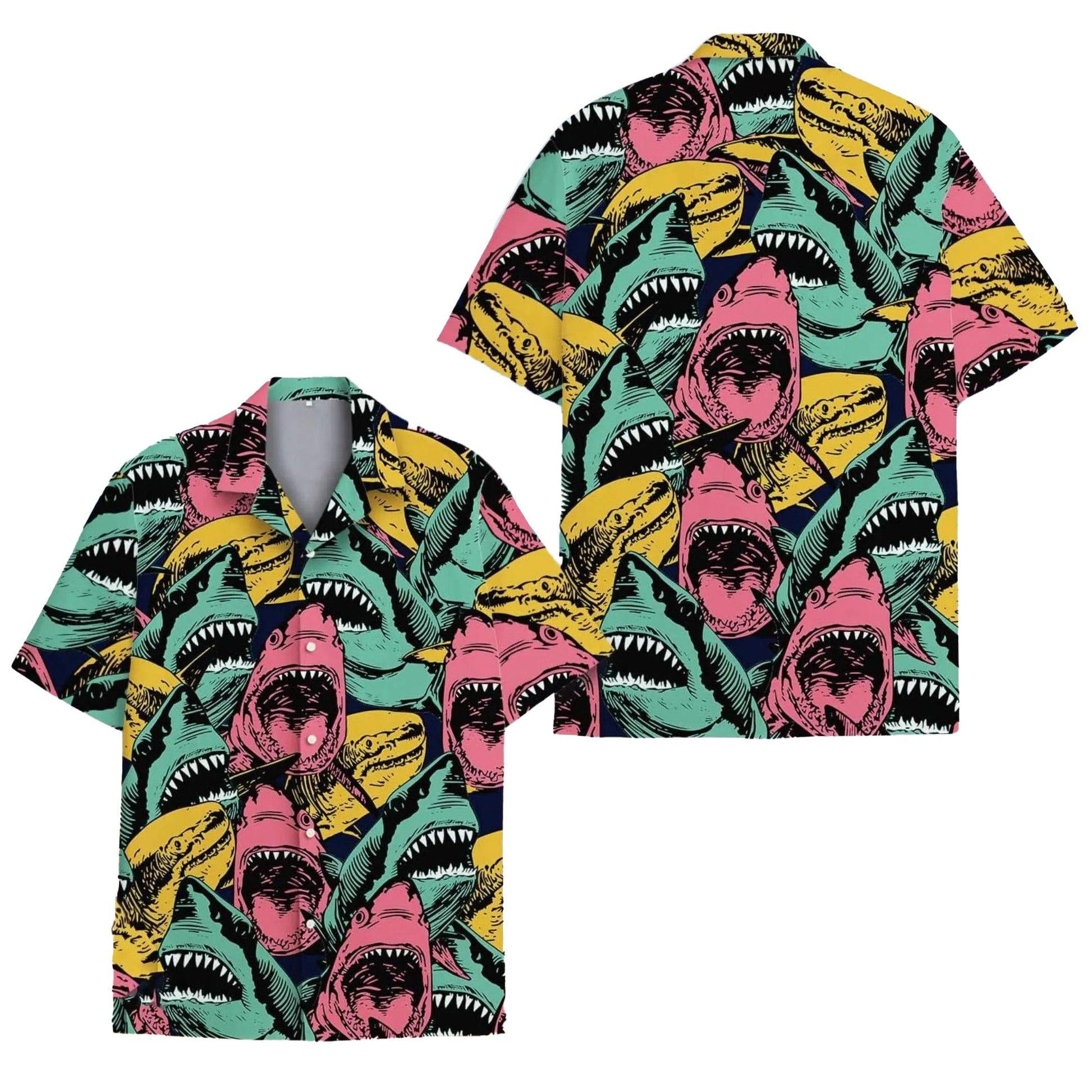Funny Shark Hawaii Shirt, Colorful Retro Shark Hawaiian Shirt for Men, Bold Ocean Predator Aloha Beach Shirt