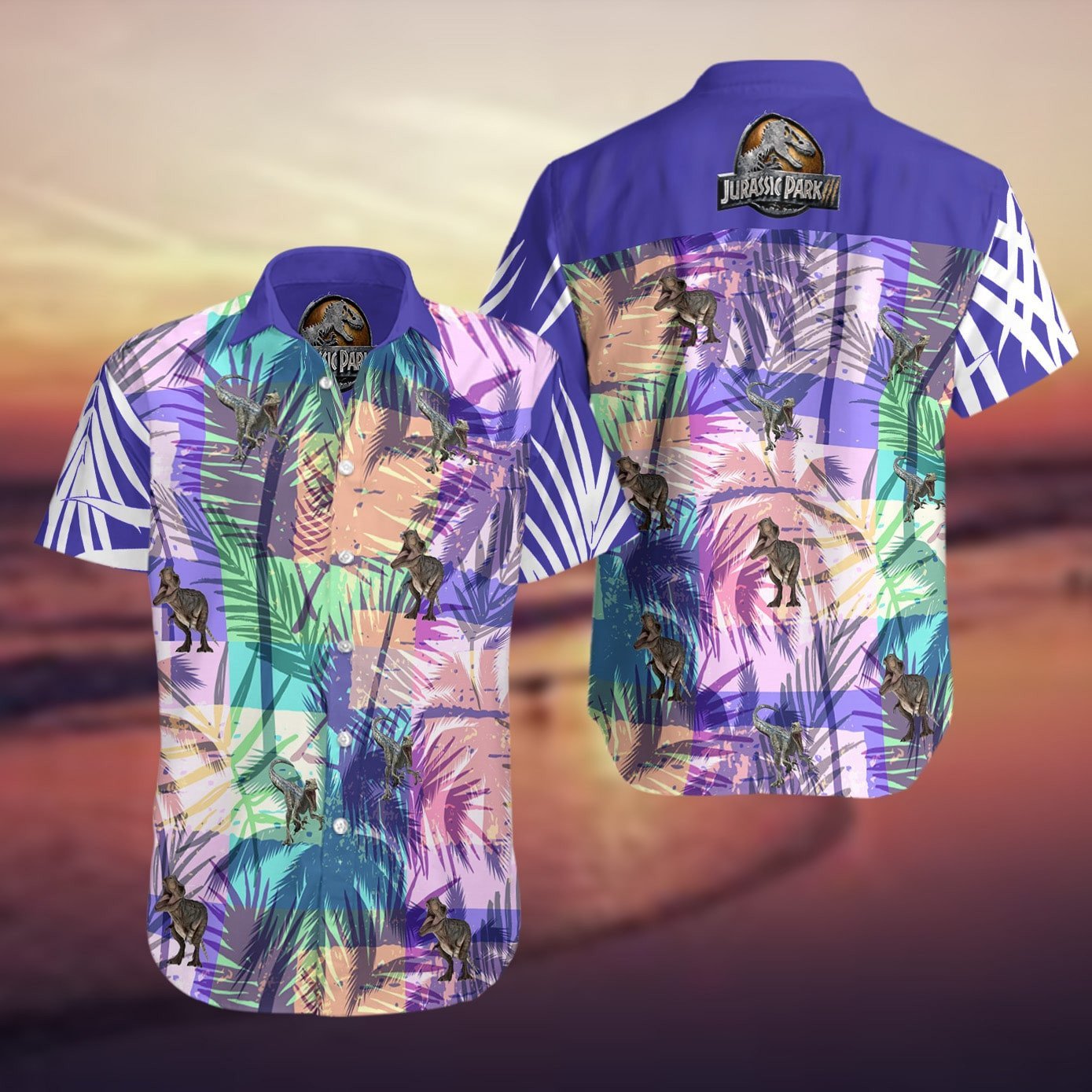 NoClaws Jurassic Park Hawaiian Shirt Dinosaurs Tropical Palm Leaves Purple Hawaii Shirt Jurassic Park Aloha Shirt