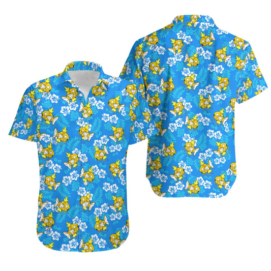 NoClaws Pokemon Hawaii Shirt Pokemon Magikarp Hibiscus Flowers Pattern Aloha Shirt Blue Unisex
