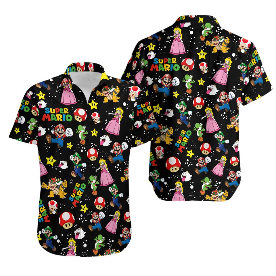 NoClaws Mario Hawaii Shirt Mario And Friends Pattern Aloha Shirt Black Unisex
