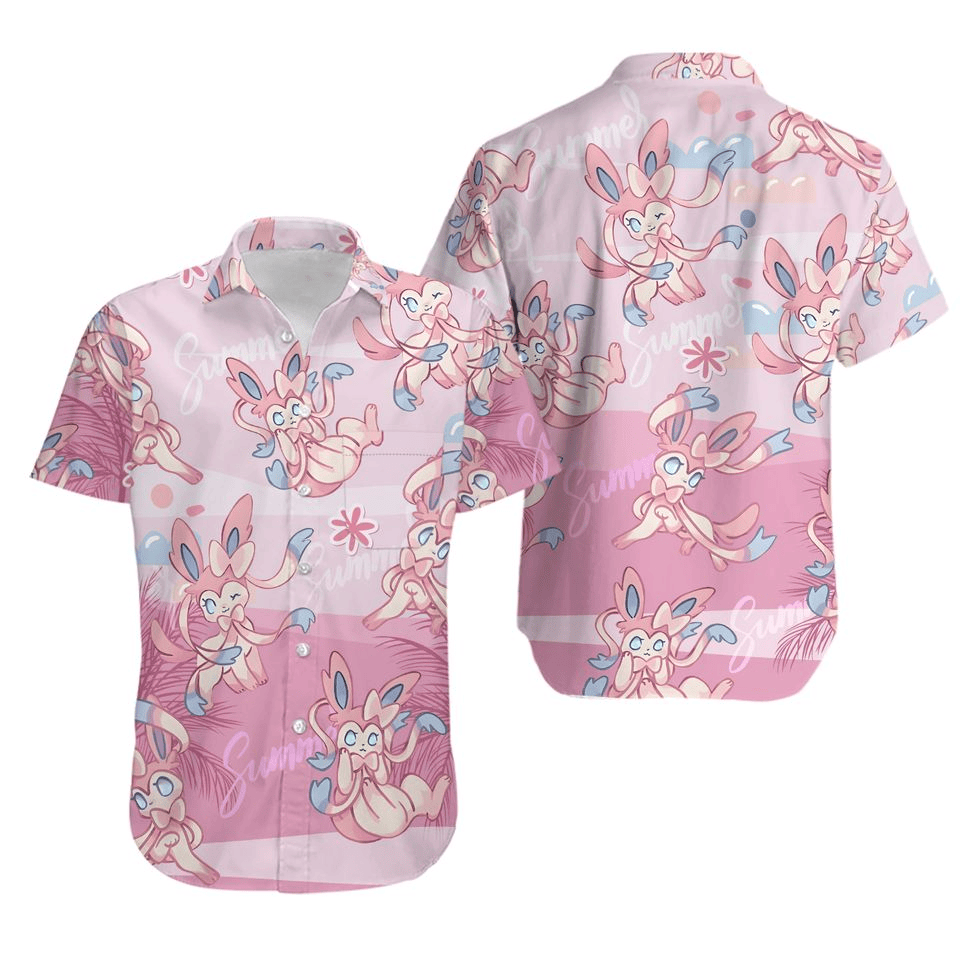 NoClaws Pokemon Hawaii Shirt Pokemon Sylveon Summer Pattern Aloha Shirt Pink Unisex