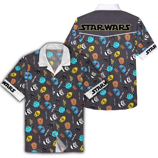 NoClaws Star Wars Hawaii Shirt Darth Vader Chewbacca Yoda Heads Pattern Black Hawaiian Aloha Shirt