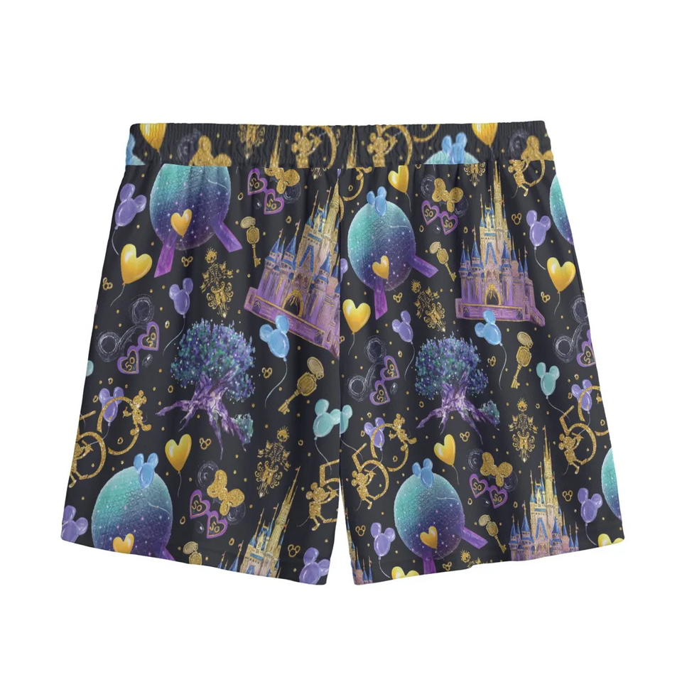 Disney Shorts Walt Disney 50th Years Pattern Beach Shorts Black Purple