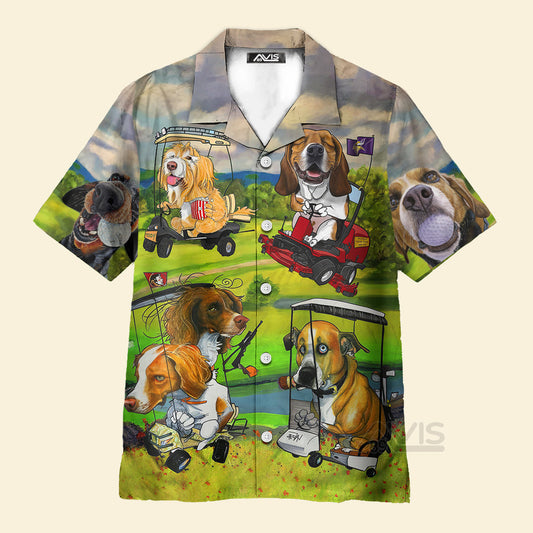 Golf Dog Driving Golf Cart Art Style - Gift For Dog Lovers - Hawaiian Shirt