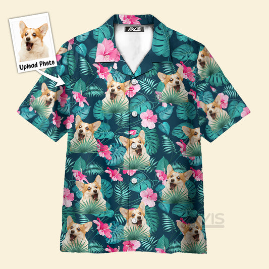 Custom Photo Dog Face Floral Leaves Tropical Pattern - Gift For Dog Lovers - Hawaiian Shirt