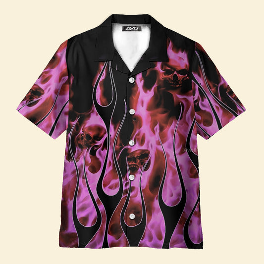 Casual Light Pink Flame Skull Print Aloha Shirt