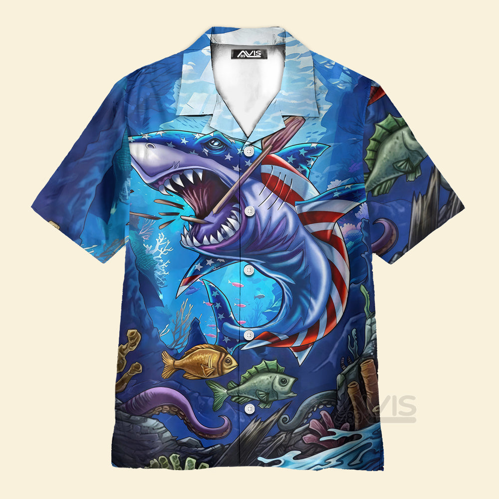 Angry Shark The US Flag - Hawaiian Shirt
