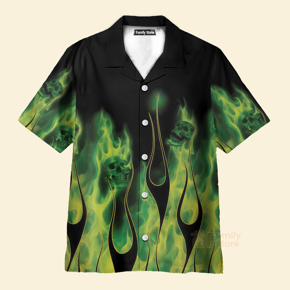 Green Flame Skull Flame - Chest Pocket Short Sleeve Hawaiian Shirt