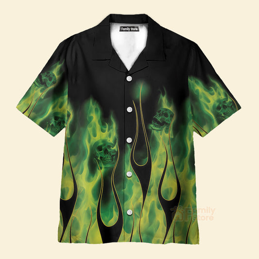 Green Flame Skull Flame - Chest Pocket Short Sleeve Hawaiian Shirt