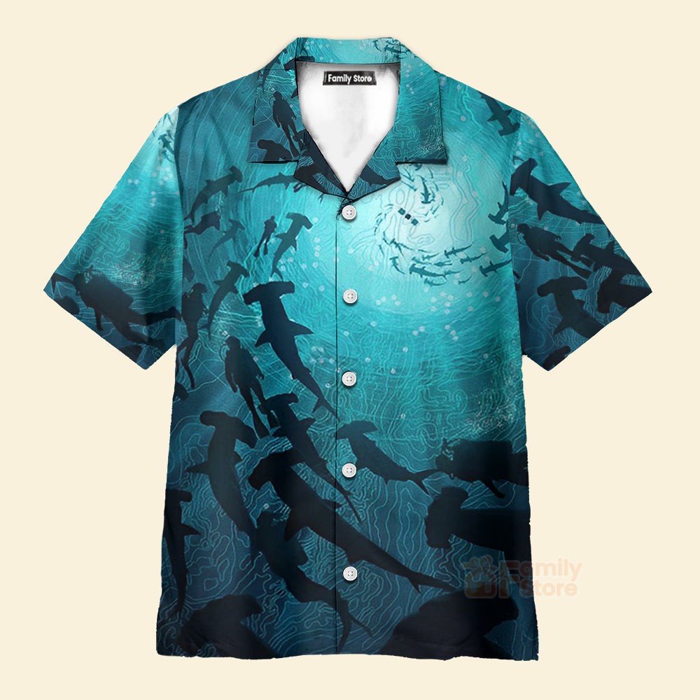 Ocean Themed Marine Life Shark - Chest Pocket Short Sleeve Hawaiian Shirt