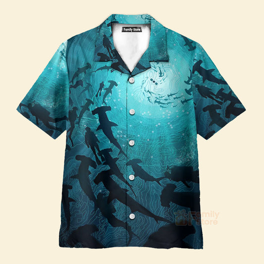 Ocean Themed Marine Life Shark - Chest Pocket Short Sleeve Hawaiian Shirt