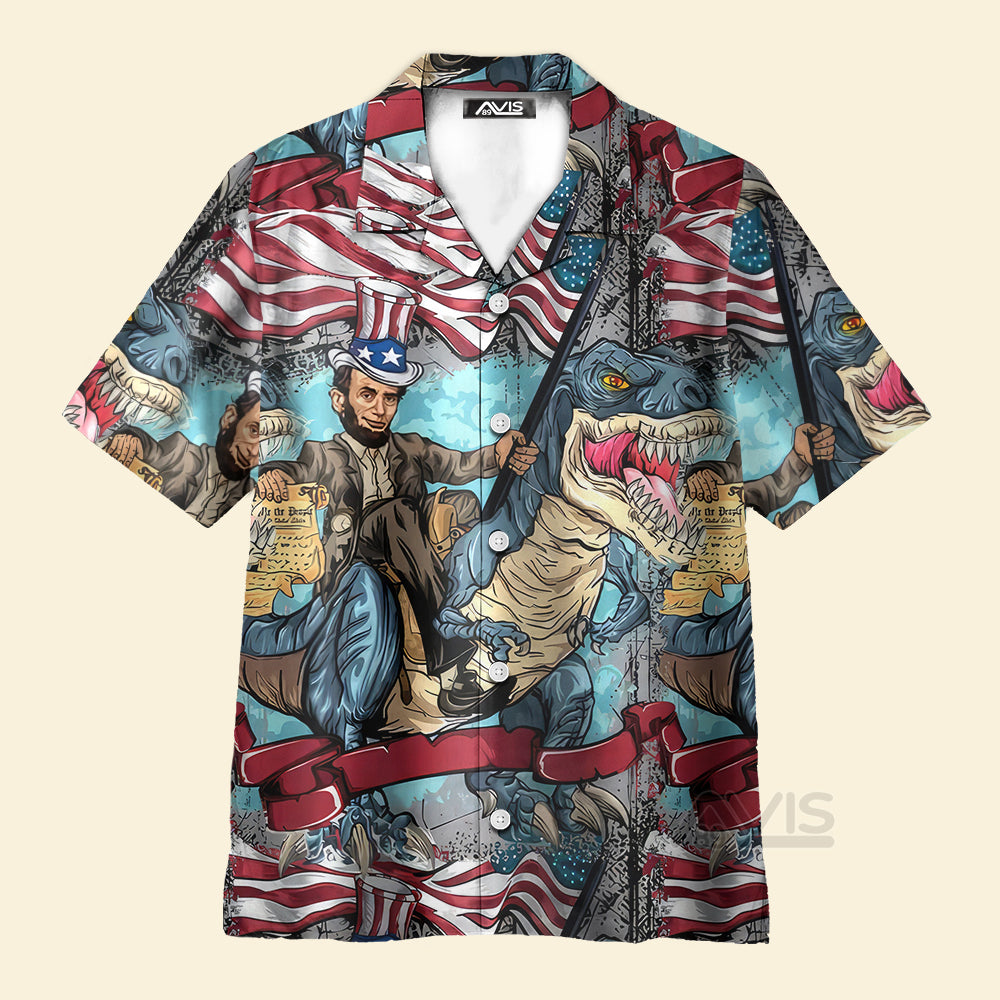 Abraham Lincoln The US Flag And Dinosaur - Hawaiian Shirt