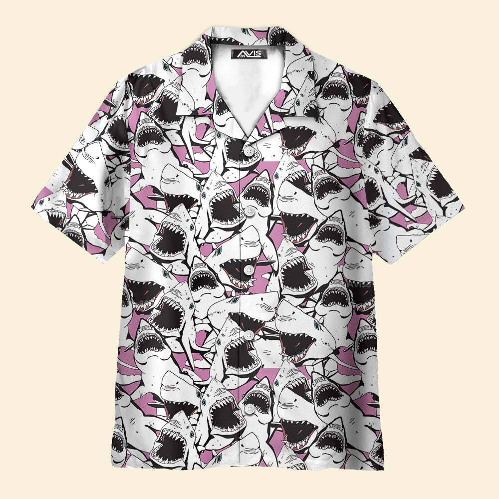 Shark Pattern White Pink - For Men And Women - Hawaiian Shirt