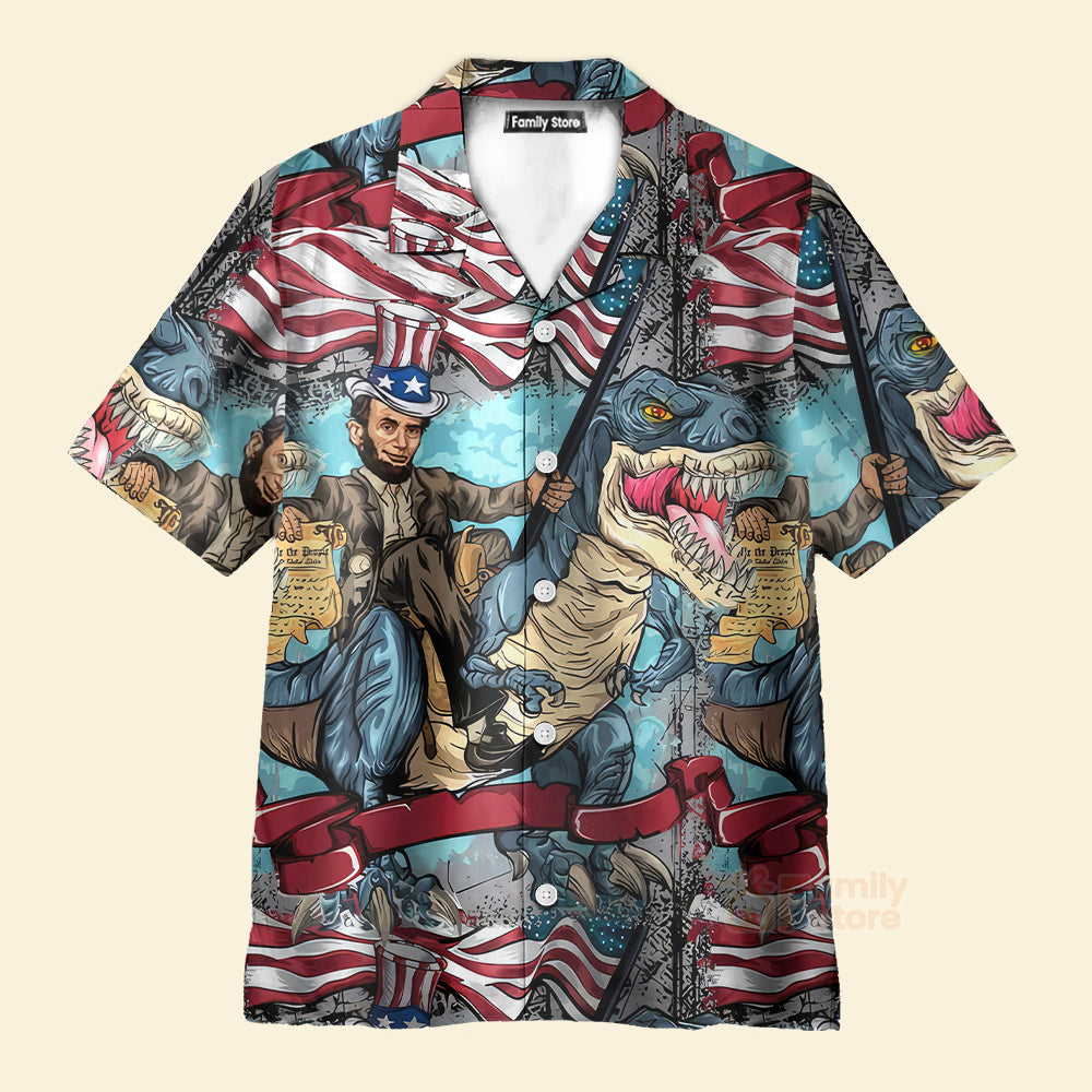 Flag Dinosaur Chest Pocket Short Sleeve Casual Shirt Hawaiian Shirt